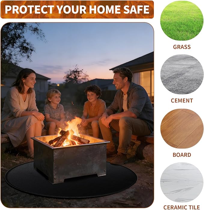 48'' Fire Pit Mat, Double-Sided Fireproof Under Grill Deck Protector Mat, Round BBQ Fireplace Pad for Patio, Indoor Outdoor Use, Waterproof/Oil-Proof/Reusable, Black