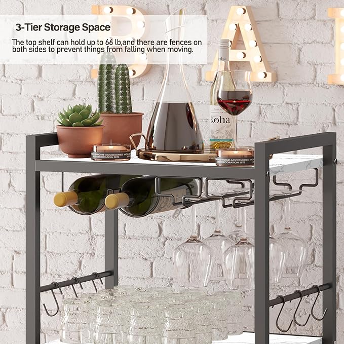 TUTOTAK Bar Cart with Wheels, Drink Cart with Wine Rack and Glass Holder | 3-Tier 17 Inch Wide Home Bar Serving Carts, Small Mobile Kitchen Shelf with 6 Hooks, Marble White BC01BM032