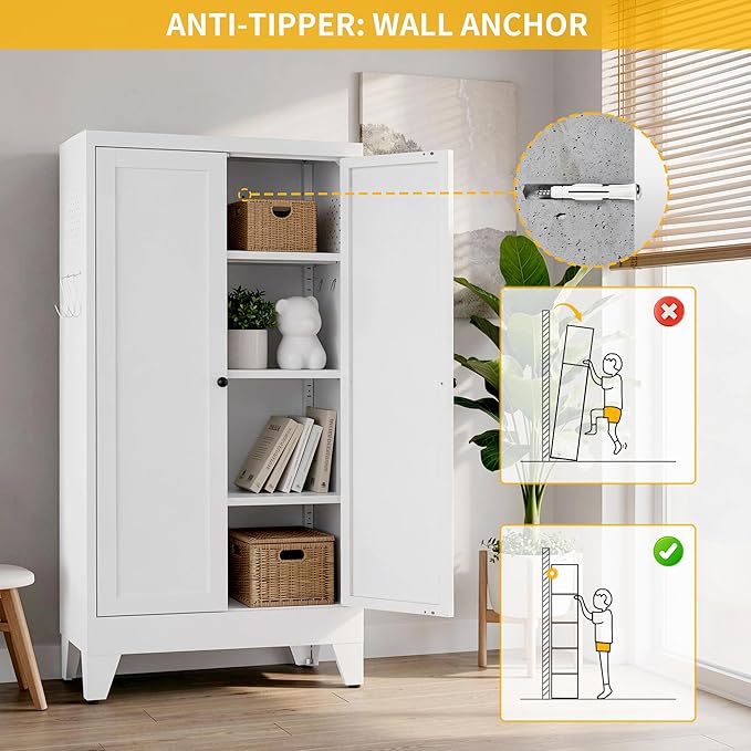 Metal Pantry Cabinet, Kitchen Pantry Storage Cabinets with 2 Doors and 3 Adjustable Shelves, White Kitchen Pantry Cabinet for Dining Room, Living Room, Assemble Required (White)