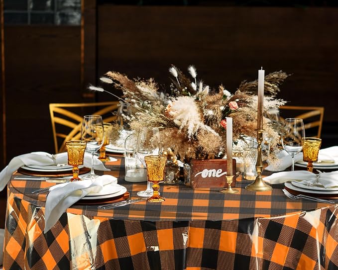 Disposable Checkered Tablecloth Round Plastic Buffalo Plaid Table Cloth 84'' Gingham Tablecover for Picnic Camping BBQ Graduation Party (Orange Black,6 Pieces)