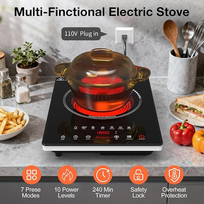 Single Burner Electric Cooktop 1800W, Portable Electric Stove Hot Plate Countertop Stove Top Burner with 8 Power Settings, 4-Hour Timer Child Safety Lock for Apartment, Dorm & Small Kitchen