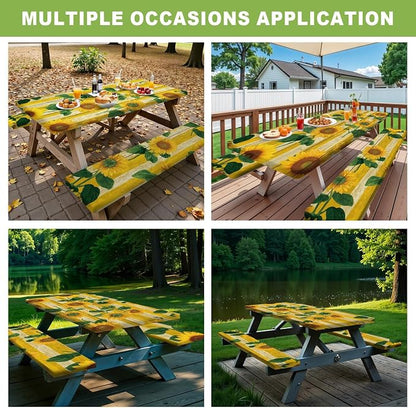 FOREVER QUEEN Picnic Table Cover with Bench Covers – Waterproof Elastic Fitted Tablecloth for 6 Foot Rectangle Tables, 3PCS Set with Drawstring Bag for Camping RV Outdoor Travel (Spring Sunflowers)