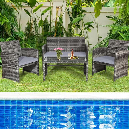 Tangkula 8 Pieces Patio Wicker Conversation Furniture Set, Patiojoy Sofa & Table Set w/4 Seats, Outdoor Rattan Sofa Set for Balcony Backyard, Wicker Chair Set with Tempered Glass Coffee Table