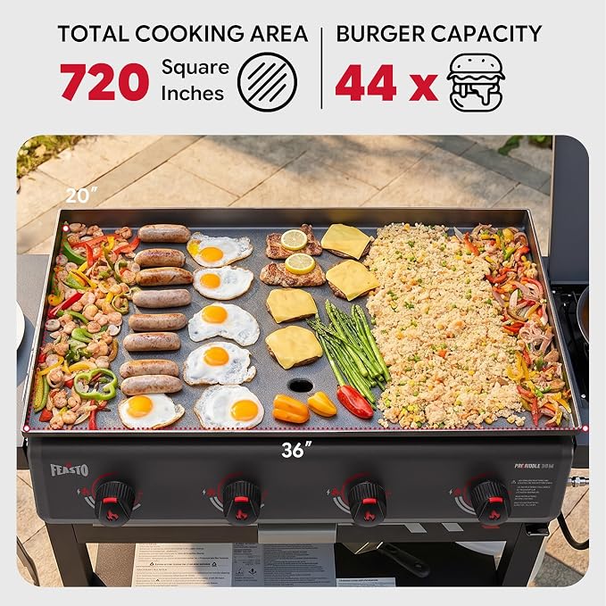Feasto 36" 4-Burner Propane Griddle w/Side Burner, 63,000 BTU, 720 Sq.In. | Outdoor Flat Top Grill w/Grease Cup & Foldable Side Table, for Patio Backyard BBQ, Black