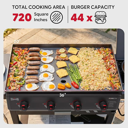 Feasto 36" 4-Burner Propane Griddle w/Side Burner, 63,000 BTU, 720 Sq.In. | Outdoor Flat Top Grill w/Grease Cup & Foldable Side Table, for Patio Backyard BBQ, Black