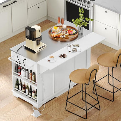YITAHOME 60 Inch Kitchen Island with Drop Leaf | Mobile Stroage Islands with Stainless Steel Top, Rolling Island Table with Power Outlet, Adjustable Shelves, Spice Rack