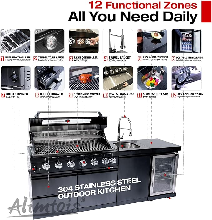 82-Inch 6-Burner 85000 BTU Deluxe Stainless Steel Gas BBQ Island Outdoor Kitchen with Wine Cooler, Rotisserie Kit, Granite Countertops & Stainless Steel Sink - Modular Outdoor Kitchen