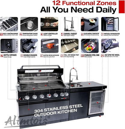 82 Inch 6 Burner 85000 BTU Deluxe Stainless Steel Gas BBQ Island Outdoor Kitchen with Wine Cooler, Rotisserie Kit, Granite Countertops & Stainless Steel Sink - Modular Outdoor Kitchen