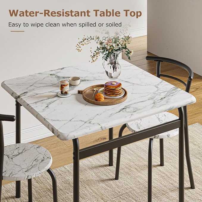 VECELO 3-Piece Dining Table Set for Kitchen Breakfast Nook, Faux Marble Square Tabletop and Metal Frame, for Small Spaces, White & Black