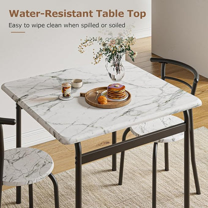 VECELO 3-Piece Dining Table Set for Kitchen Breakfast Nook, Faux Marble Square Tabletop and Metal Frame, for Small Spaces, White & Black