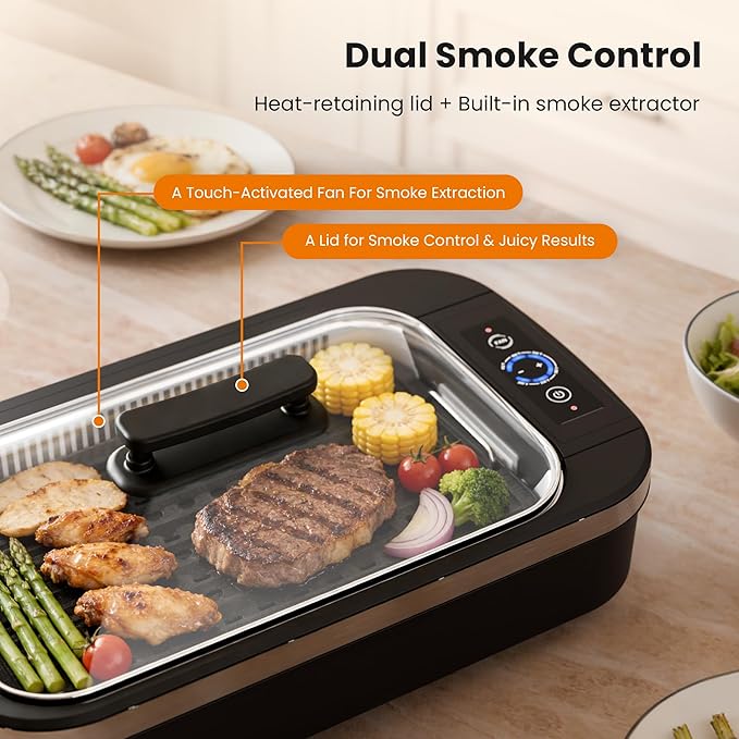Kismile Smokeless Indoor Grill, 1500W Electric Grill with 6-Level Temp Control, Korean BBQ Grill with Glass Lid, Compact & Portable, Non-Stick Grill Plate, Auto Shut Off & Dishwasher Safe