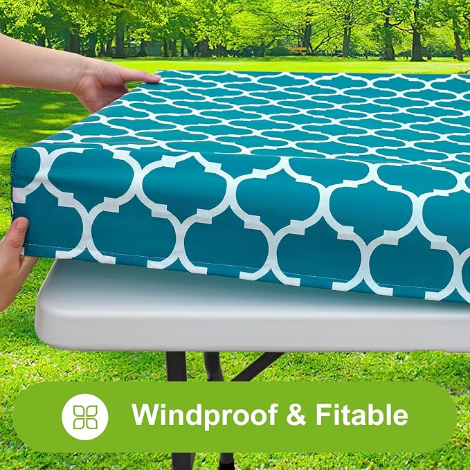Smiry Picnic Fitted Table Cover, 8 Foot Flannel Backed Vinyl Tablecloth | Waterproof Elastic Stretch Table Cloth, Wipeable Plastic Tablecloth for Camping, Indoor & Outdoor (Turquoise, 30" x 96")