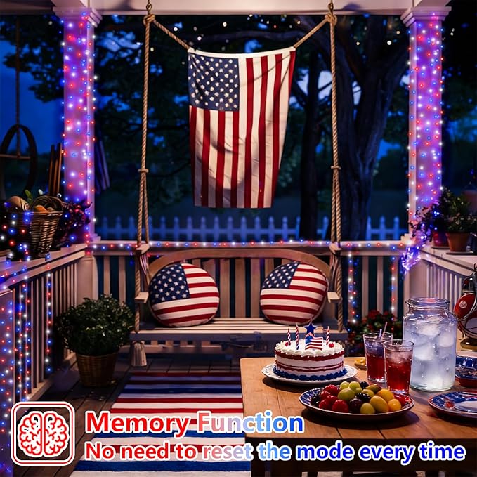 YEGUO 4 Pack Red White and Blue Solar Lights, Each 33ft 100 LED 4th of July Solar Fairy Lights Outdoor Waterproof, 8 Modes Sliver Wire Patriotic String Lights for Independence Memorial Day Decoration