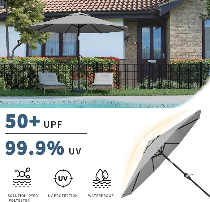 10FT Patio Umbrella, Outdoor Umbrella with Push Button Tilt and Crank, 8 Sturdy Ribs, UV Protection & Waterproof Market Umbrella for Pool, Backyard, Beach,Deck