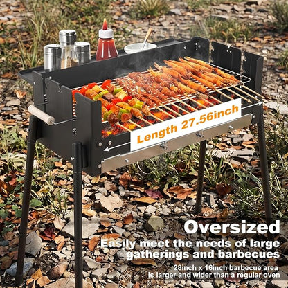 Outdoor BBQ Grill, Barbecue Wood Charcoal Grill with 201 Stainless Steel, Folding Portable BBQ Tool Kits, 3-Gears Height Adjustment Standing BBQ Grill for Outdoor Hiking, Cooking Camping Picnics