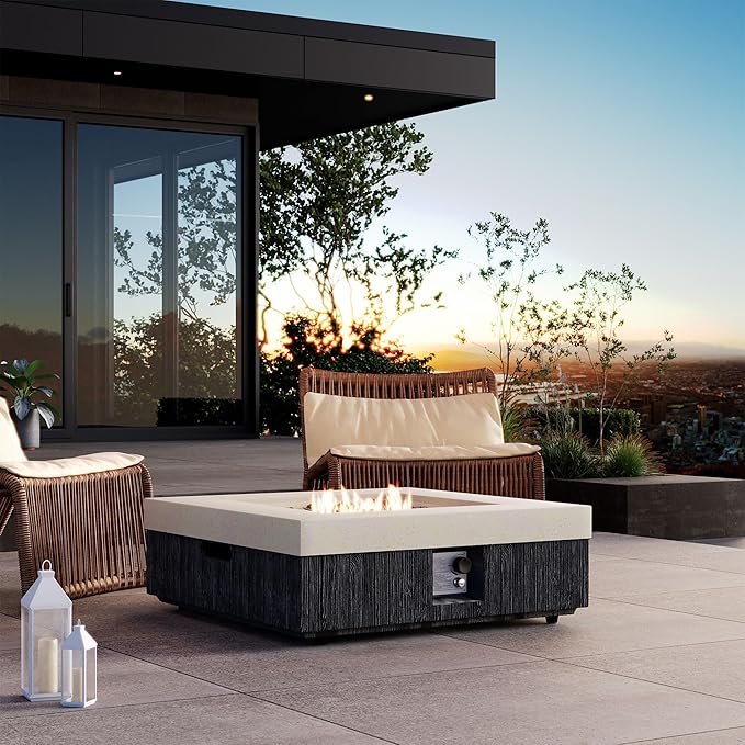 COSIEST 35" Outdoor Propane Fire Pit Table Square Gas Fire Pit Table with Concrete & Wood Grain Design, 50000BTU Electronic Ignition Fire Tables for Patio, Backyard, Garden Heating