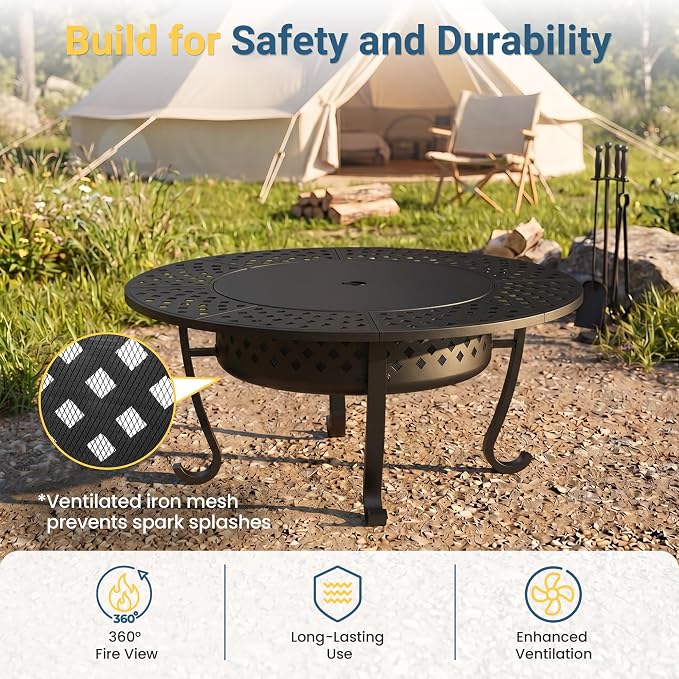3 in 1 43" Large Fire Pit for Outside Wood Burning with 2 Adjustable Grills | Outdoor Fireplace with Lid and Fire Poker, Firepit with BBQ & Bonfire & Round Metal Table for Patio, Backyard, Deck, Yard
