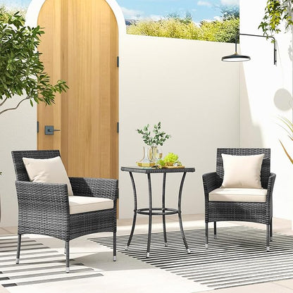 Tangkula 3-Piece Patio Furniture Set, PE Wicker Conversation Bistro Set w/A Tempered Glass Table & 2 Cushioned Chairs, Outdoor Table & Chairs Set for Patio Porch Yard Garden (Mix Gray+Off White)