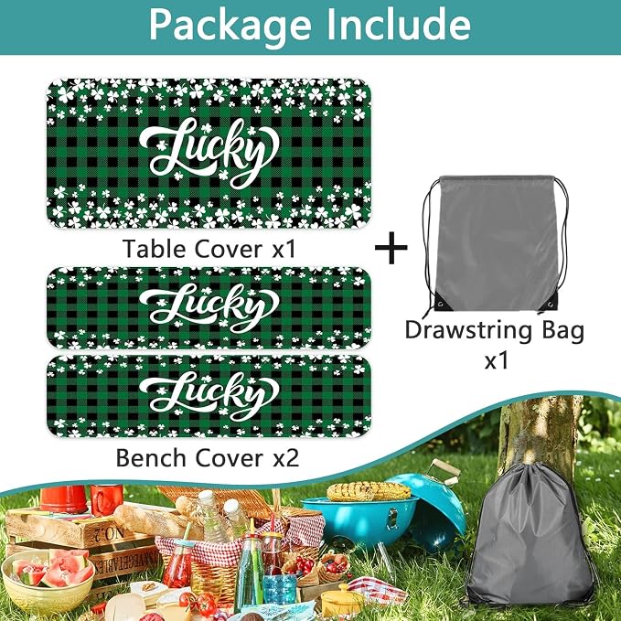 St. Patrick's Day Picnic Table Cover with Bench Covers, Camping Essentials, Buffalo Plaid Shamrock Lucky Outdoor Table Covers, Waterproof, Fitted Tablecloth Cover with Elastic Edge, 3 PCS, 30x60 Inch