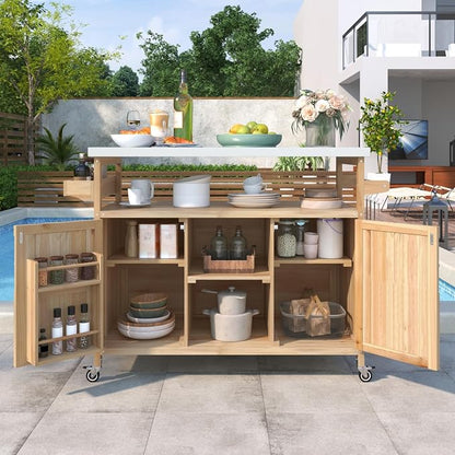 50.25" Outdoor Grill Table with Storage & Locking Wheels | Outdoor grill table,outdoor wood cabinet for grill,kitchen island with storage,steel top,spice rack,prep table for grilling