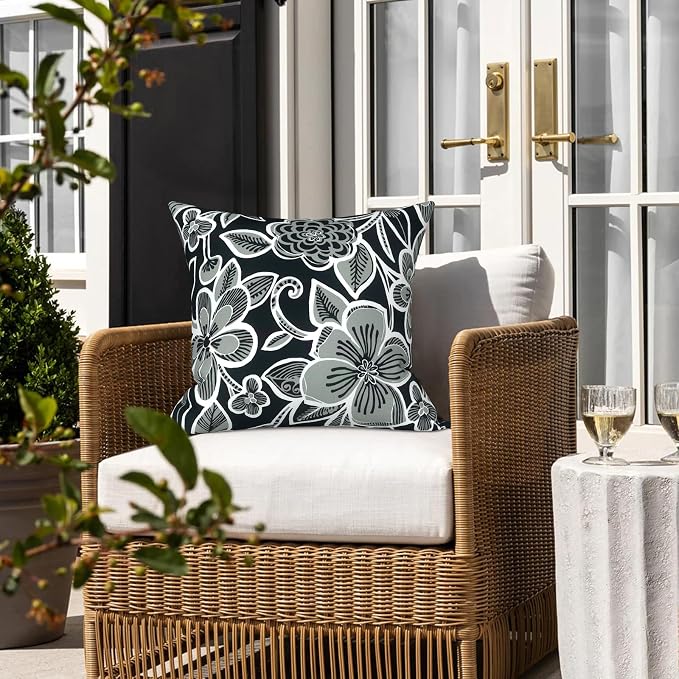 LVTXIII 2 Pack Outdoor Pillow Covers ONLY 18x18 Inch, Water-Repellent Square Decorative Cushion Covers for Patio Furniture, Garden, Sofa, Flower Black