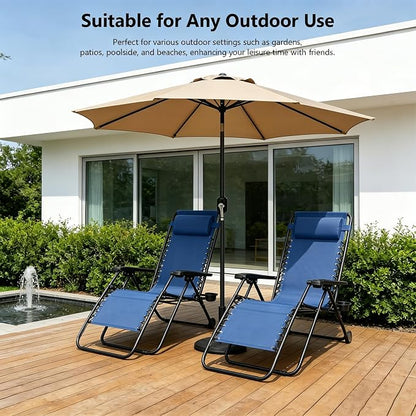 Zero Gravity Chairs Set of 2 with 9FT Patio Umbrella, Adjustable Folding Outdoor Recliner with Pillow & Cup Holder, Waterproof UV Protection Market Umbrella for Pool, Beach, Patio, Camping