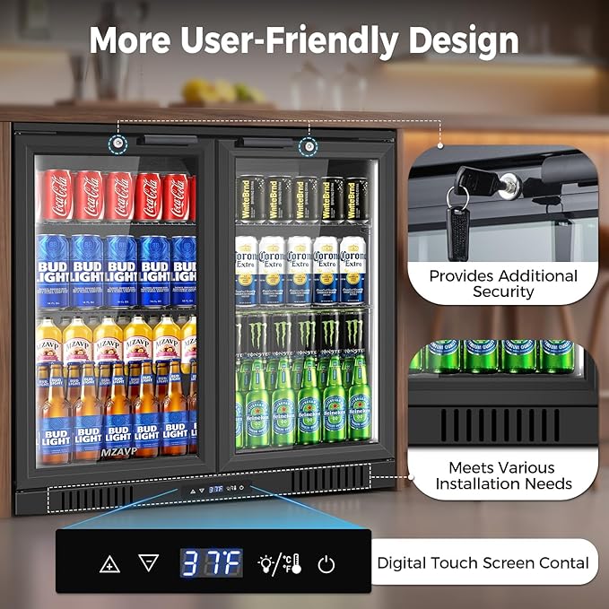 Back Bar Cooler with 2 Glass Door, Commercial Beverage Fridge Under Counter, 7.2 Cu.Ft Display Refrigerator with Safety Locks for Beer, Soda, Wine, Built-In/Freestanding for Bar Restaurant Home