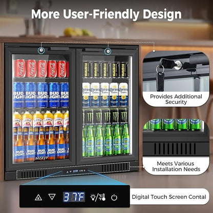 Back Bar Cooler with 2 Glass Door, Commercial Beverage Fridge Under Counter, 7.2 Cu.Ft Display Refrigerator with Safety Locks for Beer, Soda, Wine, Built-In/Freestanding for Bar Restaurant Home