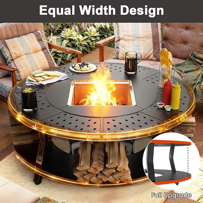 Uniflasy Smokeless Fire Pit and Fire Pit Surround Tabletop, Portable Protective Barrier Equal Width, Safety & Extra Space, 48" Outdoor Tabletop & 17" Smokeless Firepit for Backyard, Camping & Party