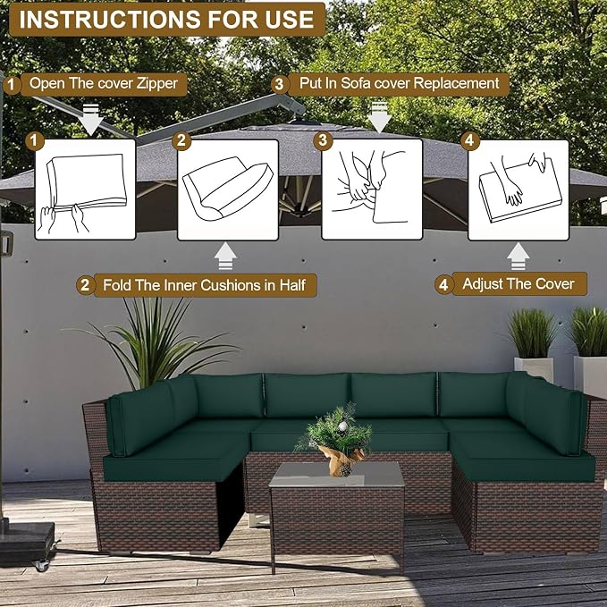14 Piece Outdoor Patio Cushion Cover Replacement, Waterproof Patio Cushion Covers, Outdoor Furniture Cushion Covers Set for 6 Seat Wicker Rattan Sofa (Deep Green)