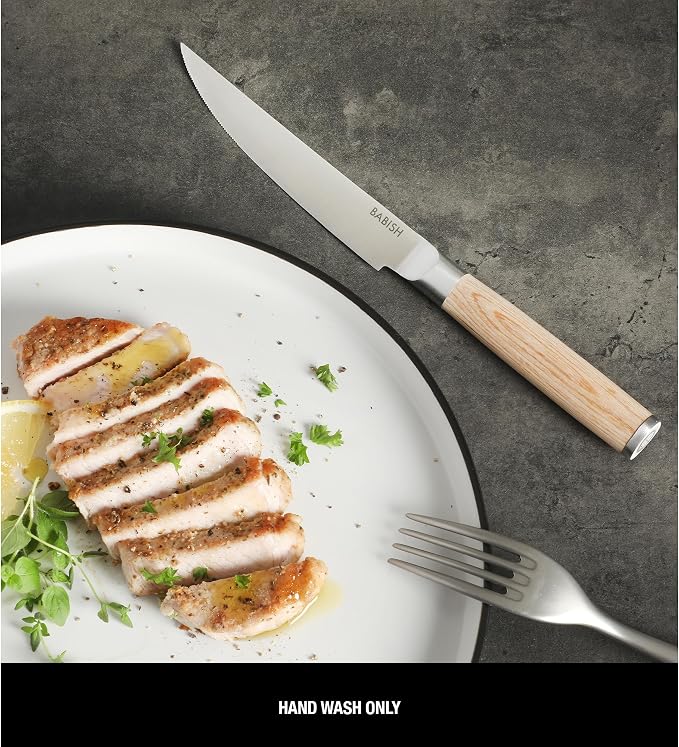 Babish 4-Piece 1.4116 German Stainless Steel Steak Knife Set with Light Pakka Wood Handles – Full-Tang Steak Knives for Dining, Entertaining & Everyday Table Use