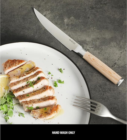 Babish 4-Piece 1.4116 German Stainless Steel Steak Knife Set with Light Pakka Wood Handles – Full-Tang Steak Knives for Dining, Entertaining & Everyday Table Use