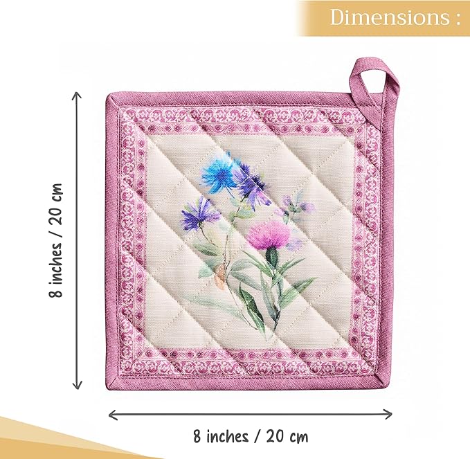 Maison d' Hermine Pot Holders 100% Cotton Heat Resistant Potholders 8" x 8" Hot Pads with Loop BBQ Cooking Baking Hotel Farmhouse Kitchen Handling Hot Pans Spring Summer (Pack of 1, Chardon)