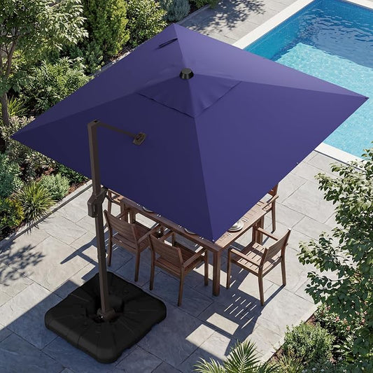 10x10FT Cantilever Outdoor Umbrella with Base, 360° Rotating Large Offset Square Patio Umbrella, Ideal for Garden Backyard Deck Courtyard, Navy Blue