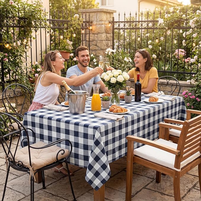 Softalker Gingham Checkered Tablecloth Rectangle - Outdoor Waterproof Buffalo Plaid Table Cloth, Stain Resistant Washable Table Cover for Picnic, Camping, Dining - Navy Blue and White, 60 x 102 Inch