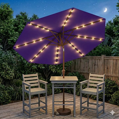 10FT Solar Lighted Patio Umbrella, Outdoor Table Market Umbrellas with Push Button Tilt and Crank, 32 LED Lights, 8 Sturdy Ribs, UV-Resistant for Deck, Garden, Pool
