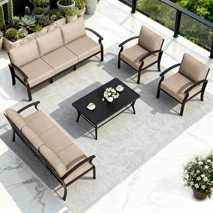 ALAULM Aluminum Patio Furniture Set with Coffee Table Rectangular, 8-seat Outdoor Sectional Furniture w/5.1" Cushions, Patio Conversation Set for Porch, Backyard, Poolside-Sand