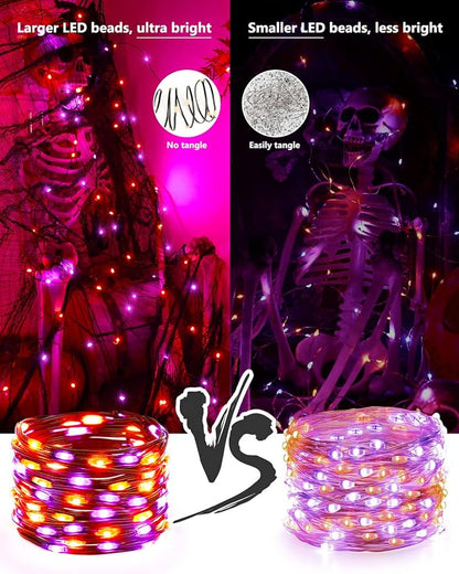 Brizled 2 Pack 50 LED Purple & Orange Halloween Lights Battery Operated | 8 Modes Twinkle Halloween Lights with Timer, Spooky Orange and Purple Halloween Fairy Lights Black Wire Indoor Outdoor Tree