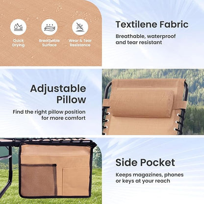 2 Pack Outdoor Folding Chaise Lounge 5-Position Adjustable Recliner 400LB Heavy Duty Portable Patio Camping Beach Chair, Beige