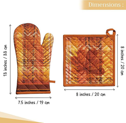 Maison d' Hermine 100% Cotton Oven Mitt & Pot Holder Set (7.5"x13" & 8"x8") Heat Resistant BBQ Cooking Gloves with Loop for Thanksgiving Christmas Decorations Handling Hot Pans (Thanksgiving Tartan)