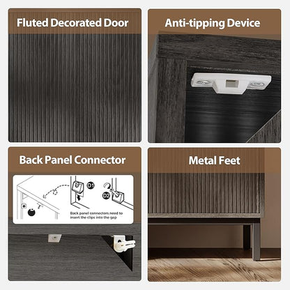 Mericonia Farmhouse Buffet Sideboard Cabinet with Storage, Fluted Coffee Bar with Doors and Adjustable Shelves, Modern Wood Console Cabinet for Kitchen, Livingroom (Fluted 4 Door, Grey)
