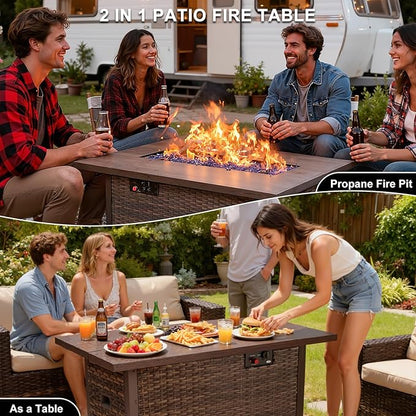 42" Propane Fire Pit, Outdoor Wicker Fire Pit Tables Rectangular Tabletop with Blue Glass Stones, 50000 BTU w/CSA-Certified and Tables for Outside Patio, Backard (Brown)