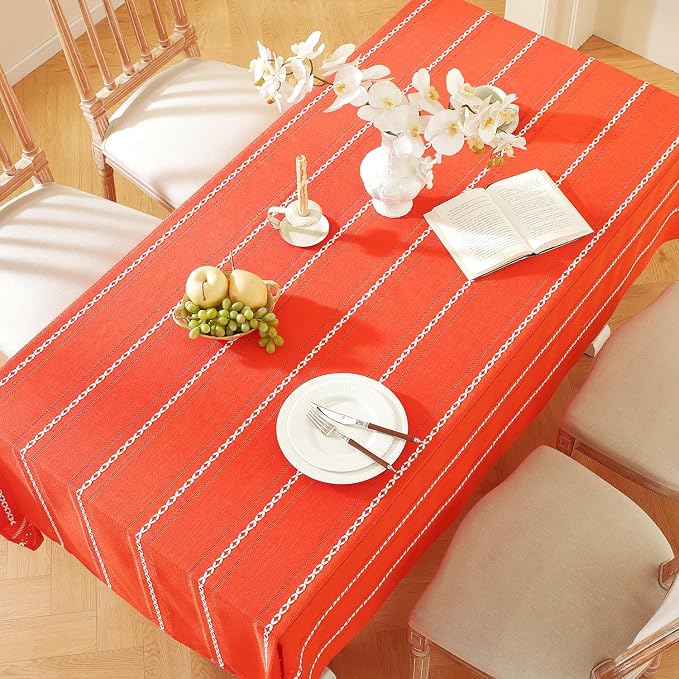 Chassic 60 x 120 inches Farmhouse Style Linen tablecloths, Wrinkle Resistant Washable Dining Room Table Cloths for 8 Foot Rectangle Tables - Hemstitch Maple Orange