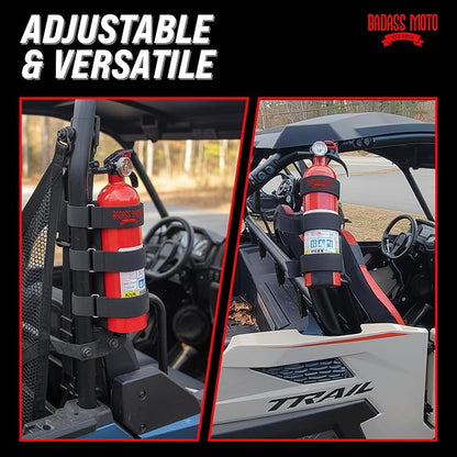 Badass Moto Fire Extinguisher Mount for UTV - Roll Cage Holder, Fits Polaris RZR, Can-Am, Kawasaki, Honda, Yamaha, 1.75"–2.25" Bars, Stainless D-Rings, No Drill, Offroad - UTV/SxS, Black