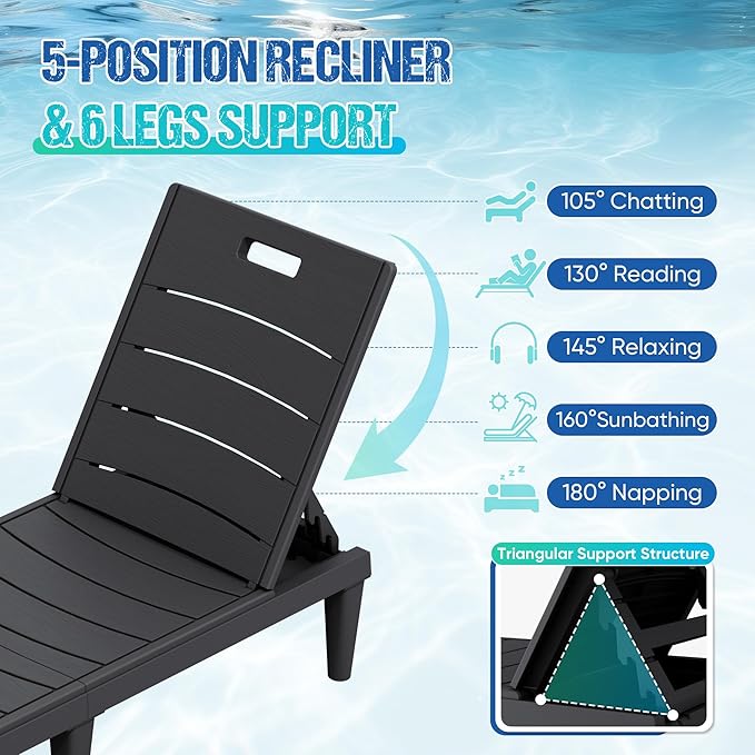 Greesum Outdoor Chaise Lounge Chair Set of 4, Waterproof 5-Position Adjustable PP Sun Loungers for Patio, Poolside, and Beach Sunbathing, Black