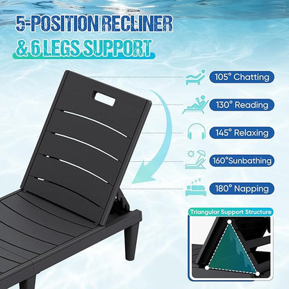 Greesum Outdoor Chaise Lounge Chair Set of 4, Waterproof 5-Position Adjustable PP Sun Loungers for Patio, Poolside, and Beach Sunbathing, Black