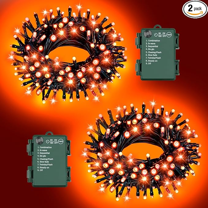 Orange Lights for Halloween Lights String Outdoor Total 100LED 33Ft 8 Modes with Timer Waterproof Battery Operated 16.4Ft*2, 50LED*2 Indoor for Halloween Decor, Orange, 2-Pack
