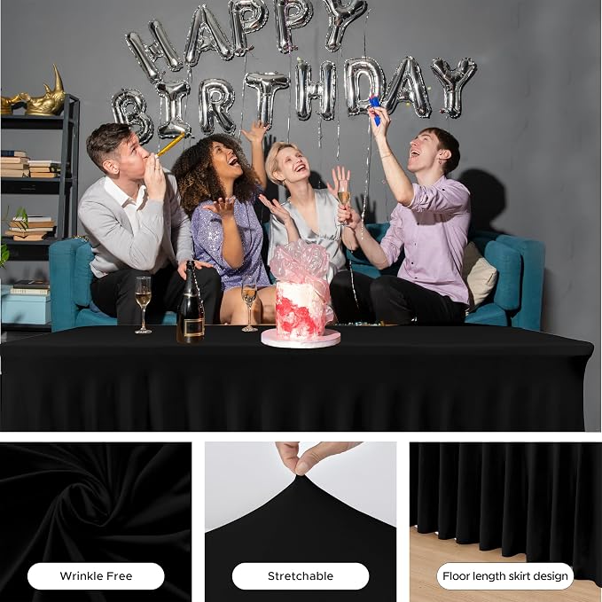 2 Pack Black Spandex Table Covers 4ft Rectangle Ruffle Skirts for Party | Elastic Table Covers 4 Foot, Pleated Fitted Table Cloths, Wrinkle Resistant Elegant Table Skirts Wedding, Banquets