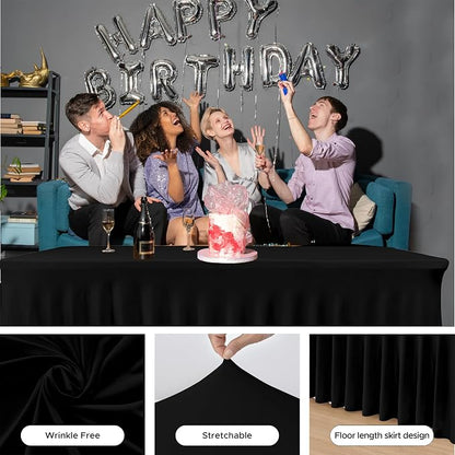 6 Pack Black Spandex Table Covers 4ft Rectangle Ruffle Skirts for Party | Elastic Table Covers 4 Foot, Pleated Fitted Table Cloths, Wrinkle Resistant Elegant Table Skirts Wedding, Banquets