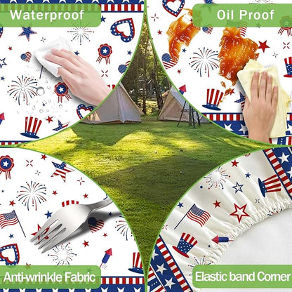 JAWO 4th of July Picnic Table Cover with Bench Covers Set of 3, Patriotic Red White Blue Star Heart American Flag Waterproof Foldable Fitted Picnic Tablecloth for Outdoor Patio BBQ Party, 30X60in